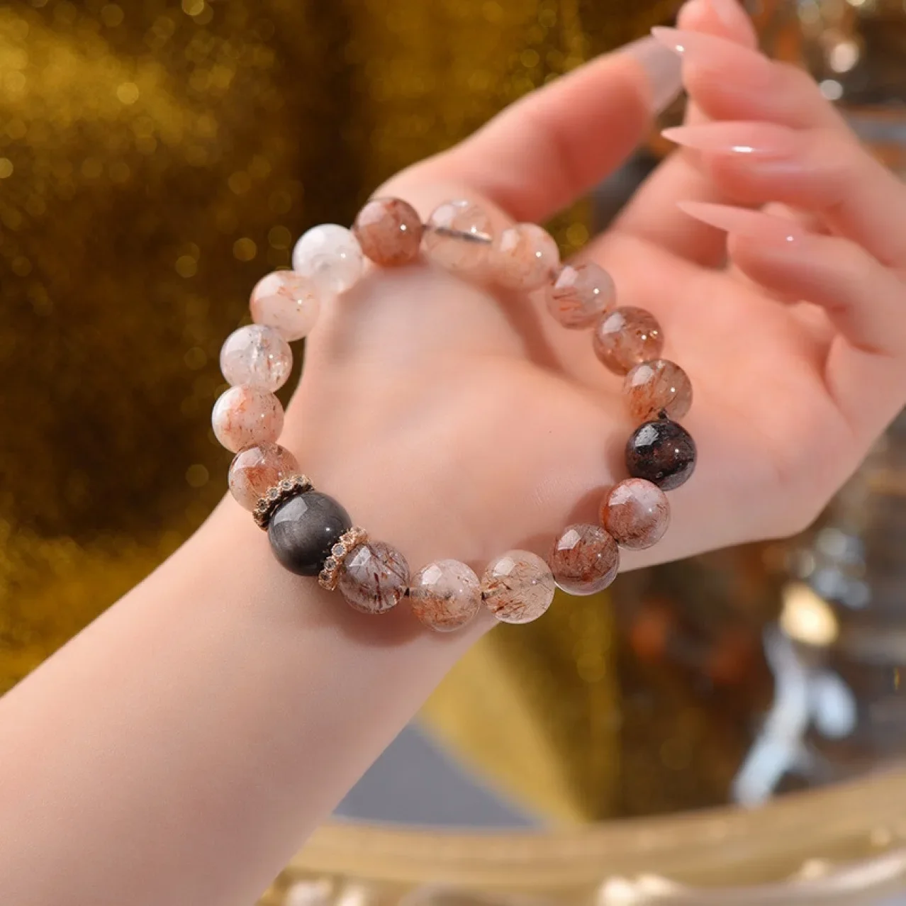 

Natural Crystal Black Gold Super Seven Silver Obsidian Bracelet Women's Light Luxury Fashion Bracelet Original Design