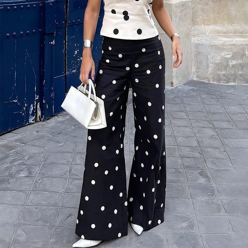 Women's Fashion Polka Dot Wide Leg Pants High Waist Flare Hem Commuting Casual Streetwear Trousers New Women Pants 2026