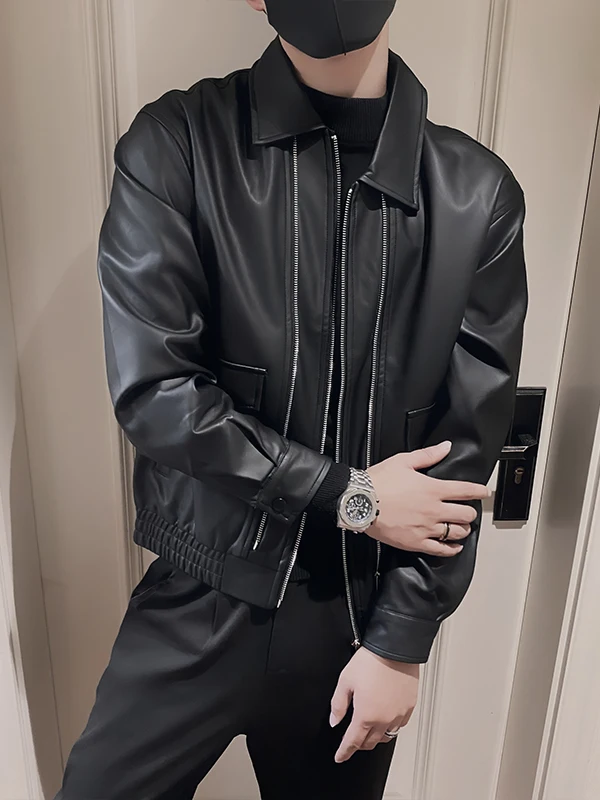 ملابس خارجية كاجوال أنيقة للرجال من الجلد طويلة Sve بياقة واقفة Sli ملابس خارجية متعددة الاستخدامات مضادة للتجاعيد ومناسبة للمراهقين