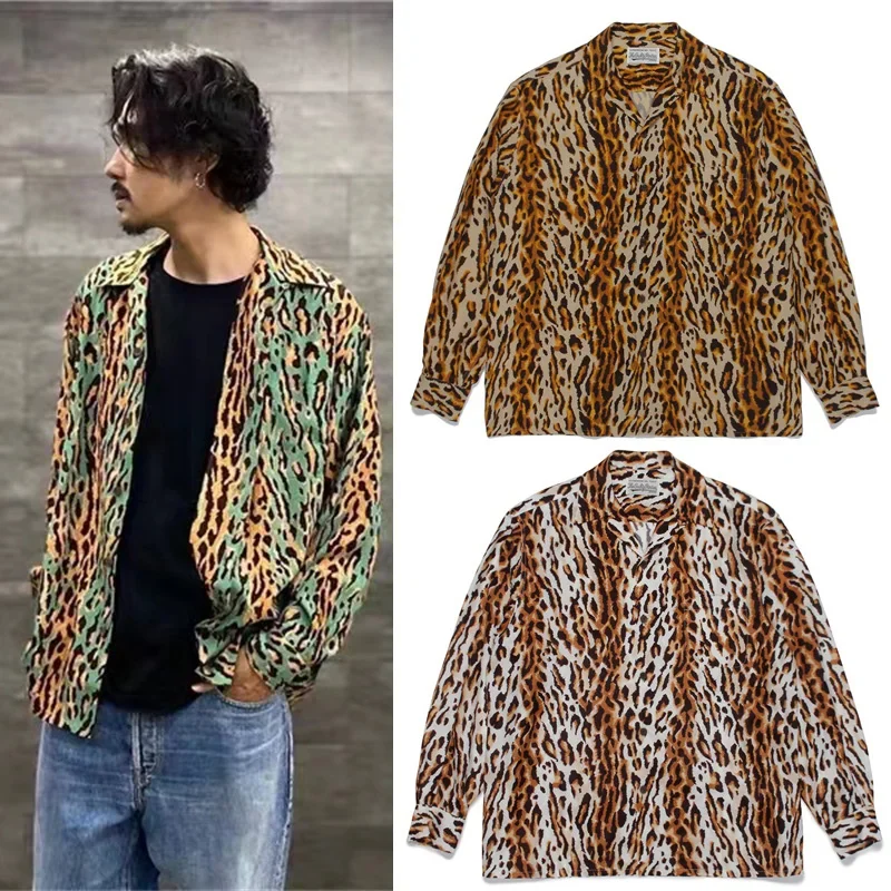 

Leopard WACKO MAR Single Breasted Long Sleeve Shirt Men Woman All-match Hawaiian Style Cosy Fashion