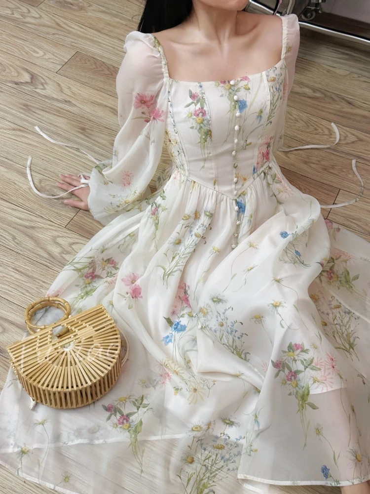 

Chiffon Floral Midi Dress Office Lady 2024 Summer Elegant One Piece Dress Korean Fashion Beach Style Causal Long Sleeve Sundress