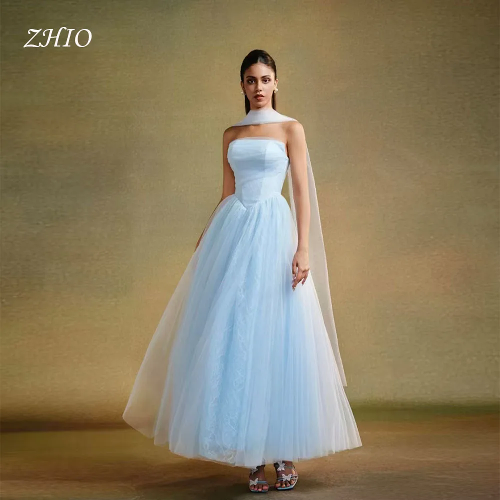 

ZHIO Elegant Blue Tulle with Lace Evening Dress Strapless Scarf Ankle Length Special Occasion Prom Gown Customized for Woman