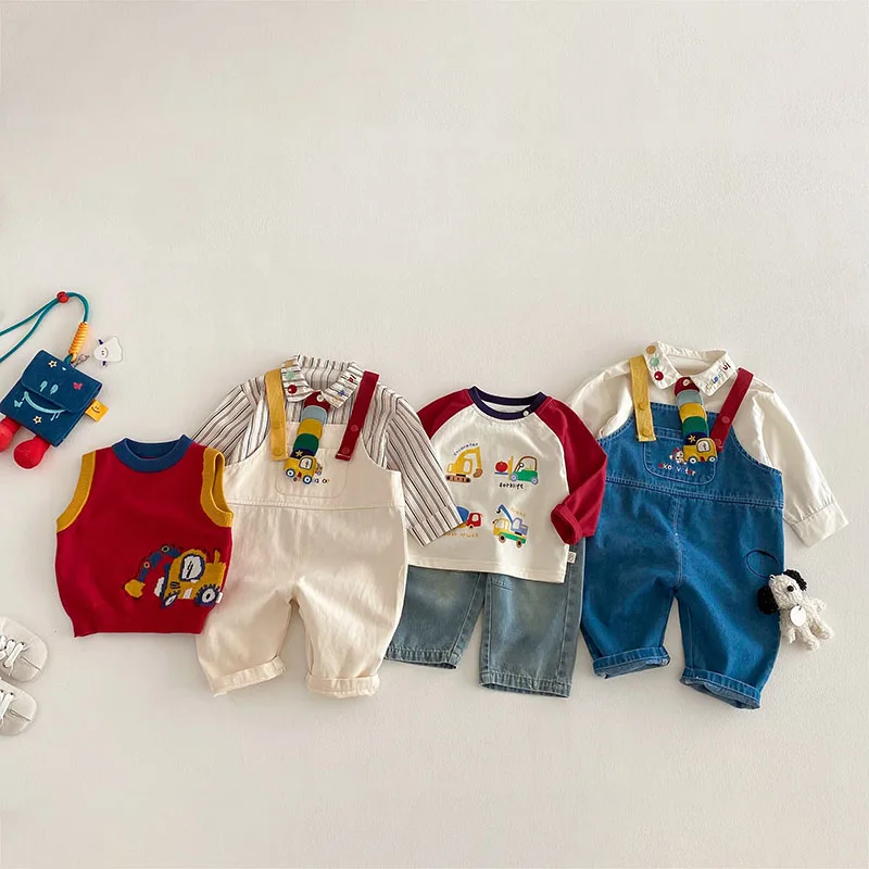Spring Kids Shirts 9M-5T Cartoon Colorful Car Girls Blouse Engineering Vehicle Series Boys Clothes Children Pants 3
