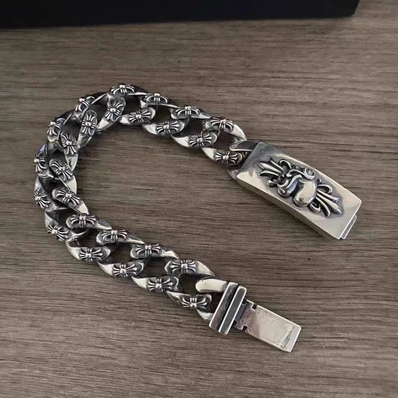 European American wide-band heavily embellished peach blossom military-style cross-patterned bracelet a hip-hop and