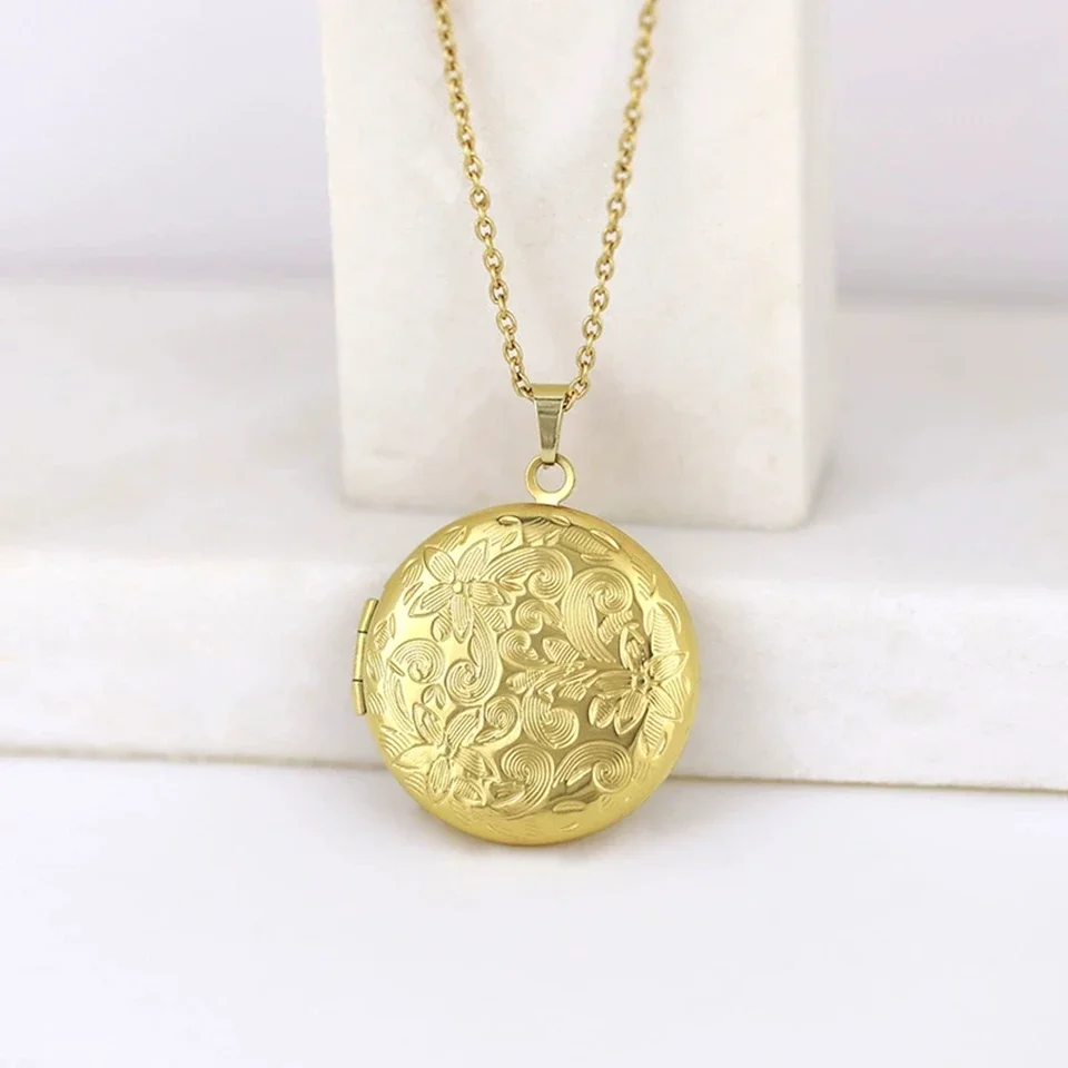 10pcs 316L mirror stainless steel retro patterned circular picture box necklace DIY playable open photo frame necklace