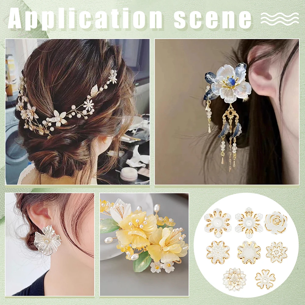 160Pcs 8 Styles Acrylic Flower Bead Caps Spacer Beads for Jewelry Making White Flower Beads with Golden Edge Bead End Caps