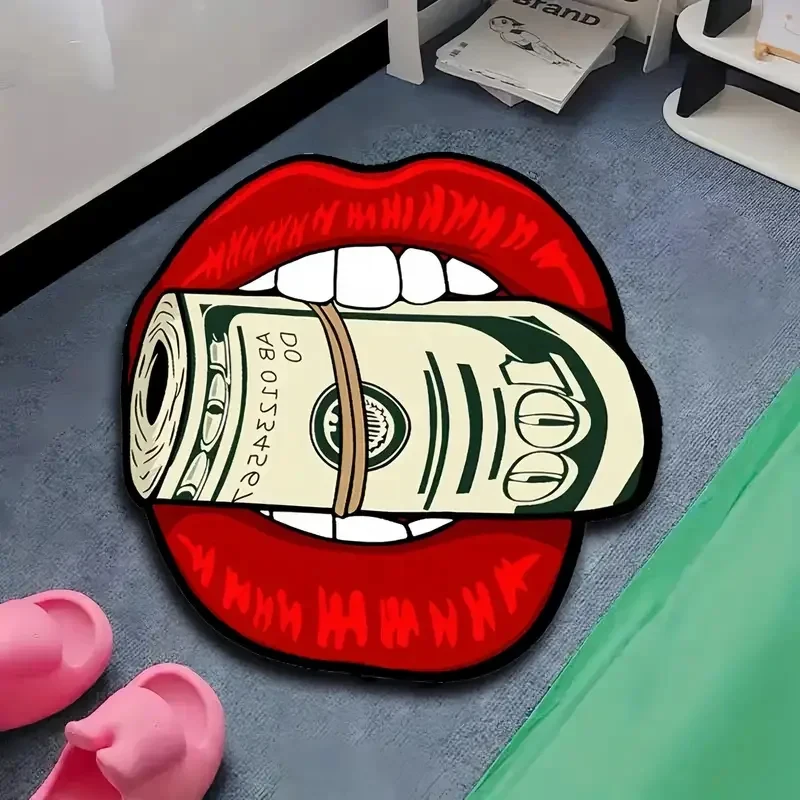 VIKAMA Irregular Red Lips Shaped Rug Cool Rolled Dollar Bill In Mouth Print Soft Fluffy Non Slip Bedroom Gaming Floor Mat