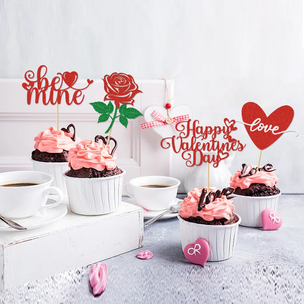 12PCS Happy Valentine\'s Day Cupcake Toppers Glitter Sweet Love Be Mine Valentines Cupcake Cake Decorations Supplies