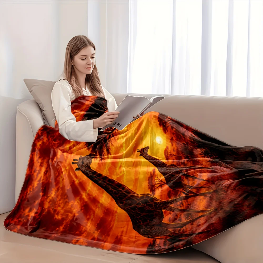 1pc Sunset Giraffe Family Flannel Blanket, Ultra Soft Warm, All-Season Versatile, 280GSM Weight, Machine Washable for Easy Care, Perfect for Bedroom, Living Room, Sofa, Home Decor, Office Nap, Dorm & Car, Winter Throw, Ideal Gift.
