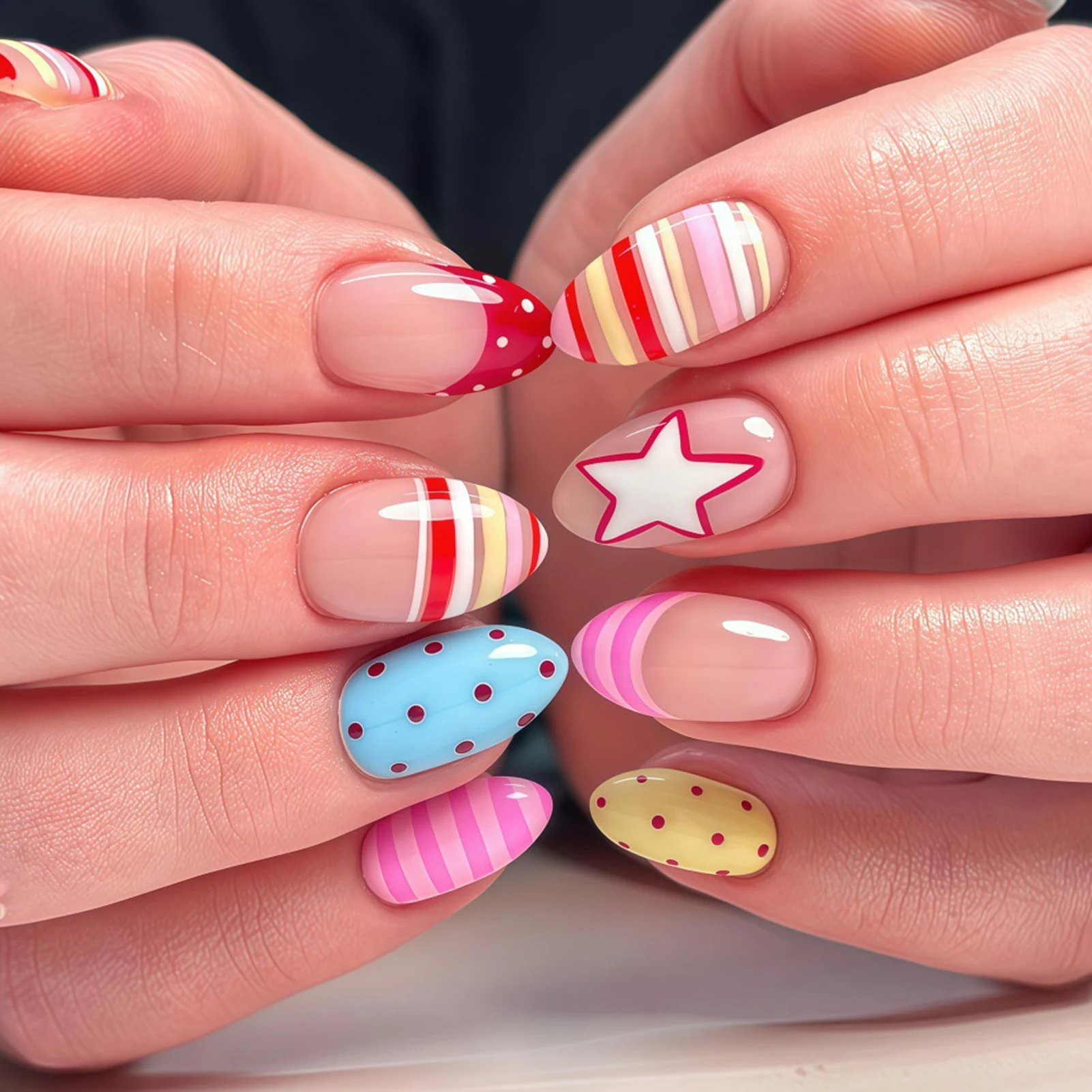 Summer Almond Fake Nails for Girls 30Pcs Macaron Color Press On Nails Stripe/Polka Dot/Star Printed Acrylic Party False Nails