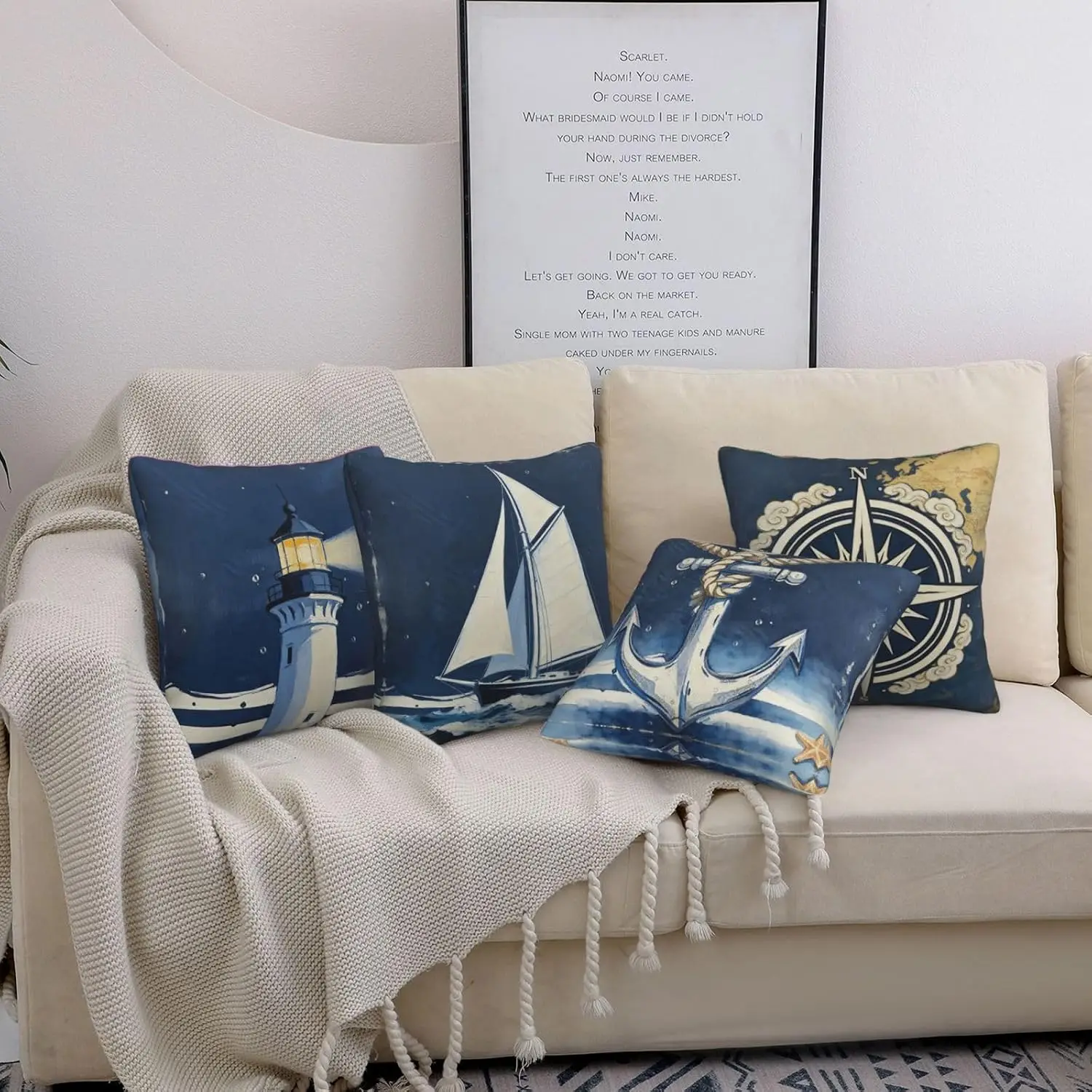 Whimsical Nautical Decor Throw Pillow Covers Set 4 Pack Marine Ocean Blue Sea Life Cushion Accent Polyester Home Gift