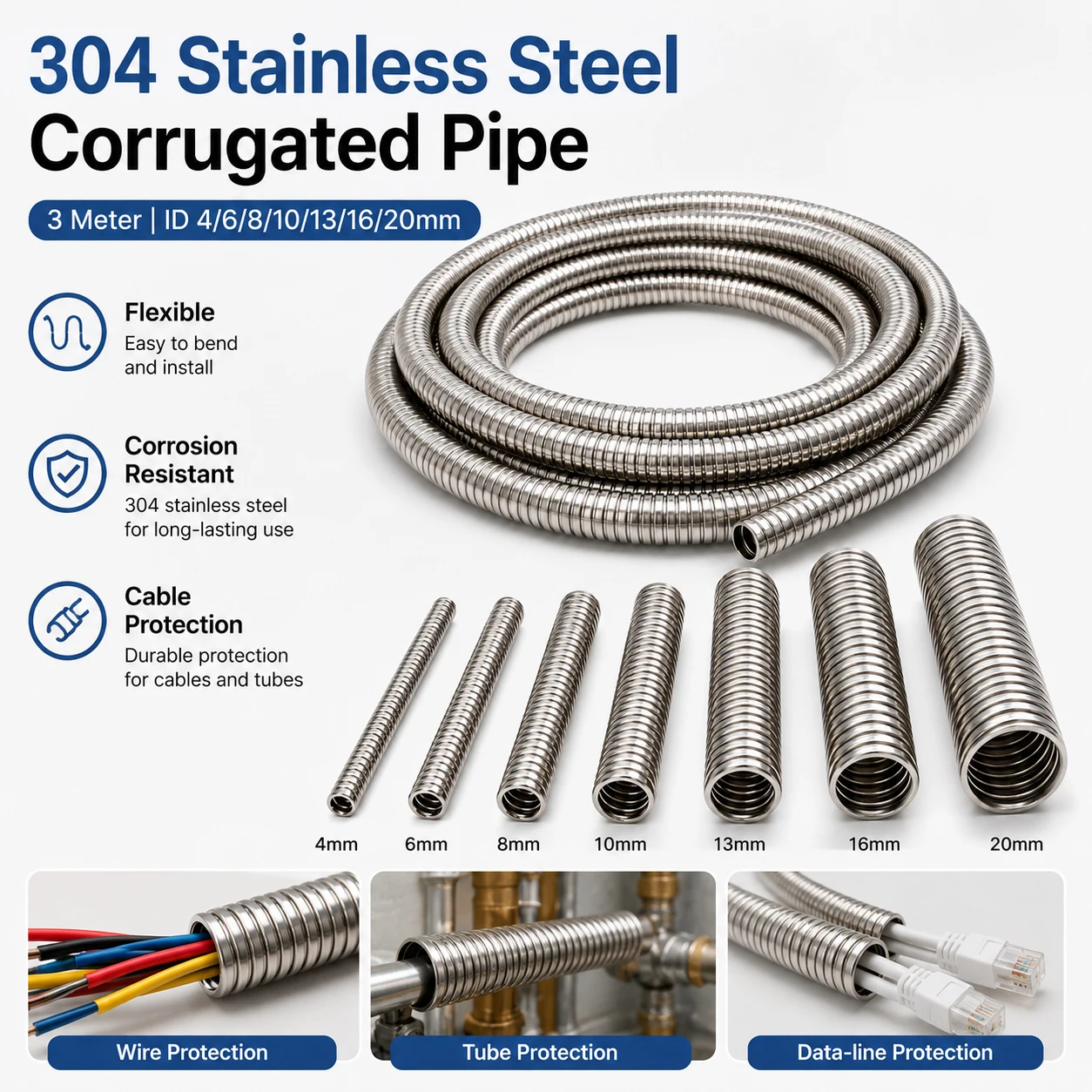 3Meter 4/6/8/10/13/16/20mm 304 Stainlesss Steel Corrugated Pipe Wire Line Cable Conduit Protect Hose Tube