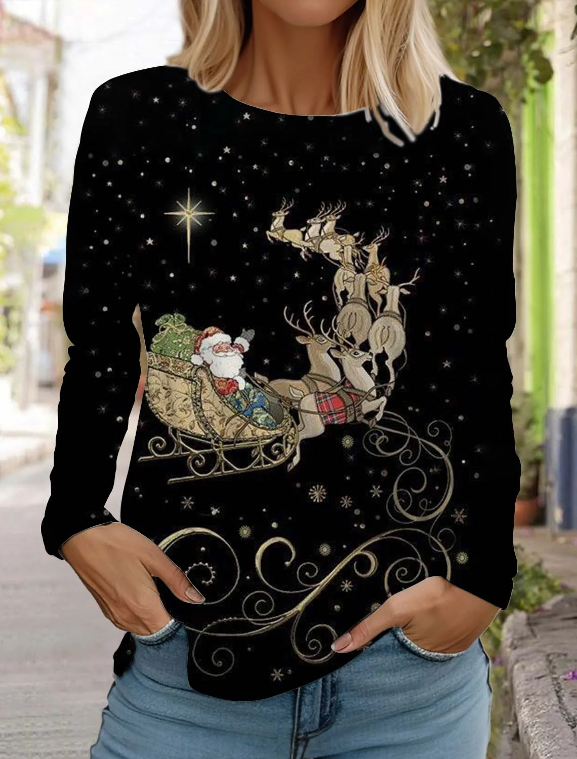 Christmas Elk Women\'s Long Sleeves T-Shirt Round Neck Long Sleeved Autumn Santa Claus Clothing Holiday Fashion Party T-Shirt