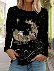 Christmas Elk Women's Long Sleeves T-Shirt Round Neck Long Sleeved Autumn Santa Claus Clothing Holiday Fashion Party T-Shirt