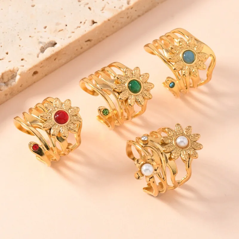 

10pcs 18K Gold Stainless Steel Ring Royal Flower Jewelry Green Red Pink Gemstone Beads Adjustable Vintage Boho Rings for Women