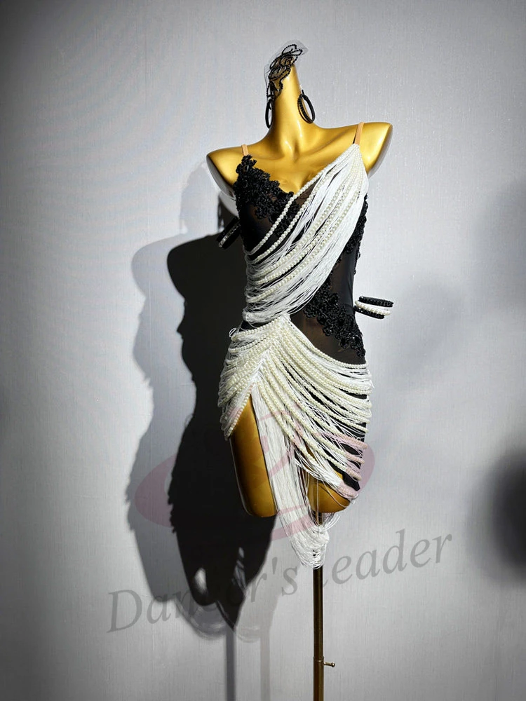 

Latin Dance AB Stone Female Adult Children High end Customized Black and White Contrast Black Pool Samba Performance Dress