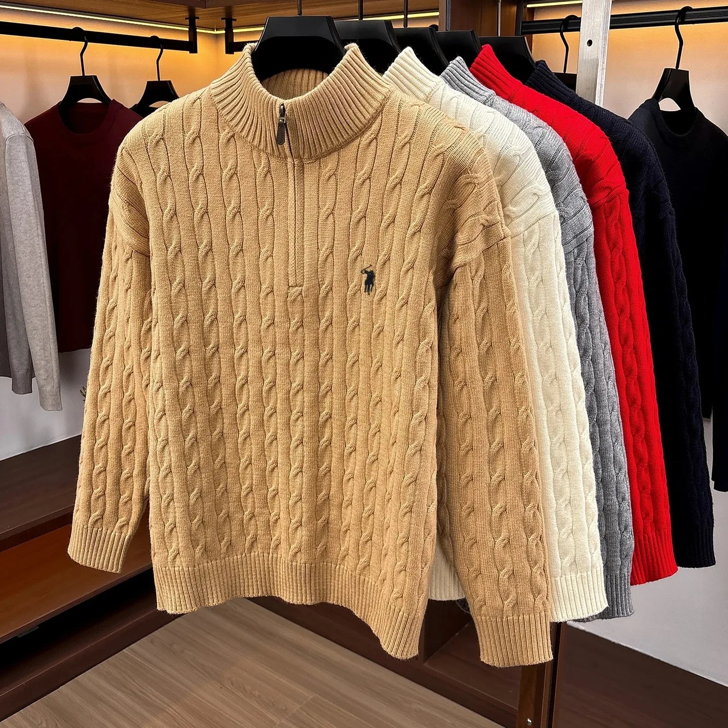 Mode Halb-Reißverschluss Pullover Herren Herbst Winter Wärme neue schöne Zipper Design Luxusmarke Golf Pony Stickerei Stricken Sweater – Detail 2