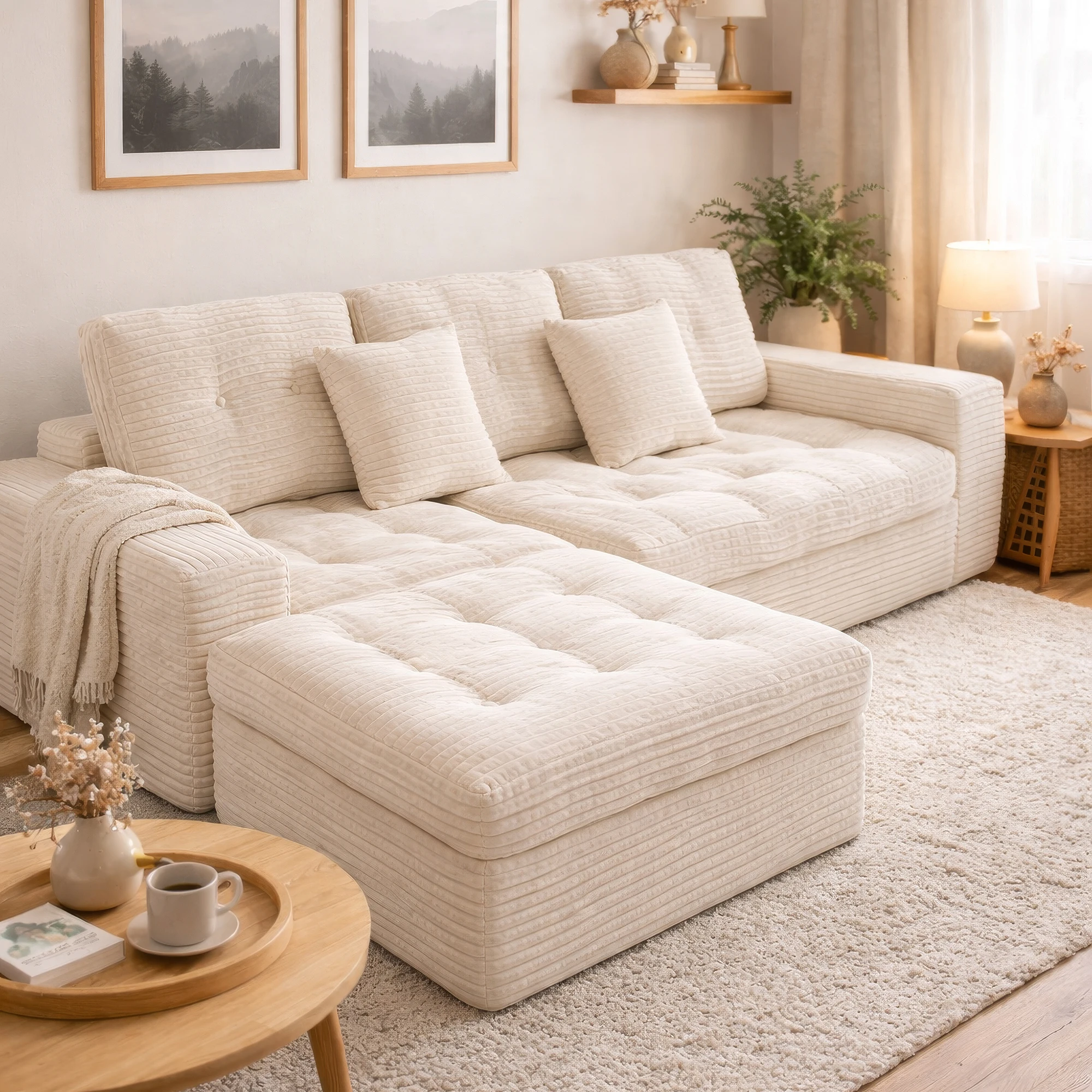 

# Convertible Cloud Sofa Set 105" DIY Sectional Ottoman Cotton Faux Rabbit Fur Velvet Comfortable Living Room Hotel Couch