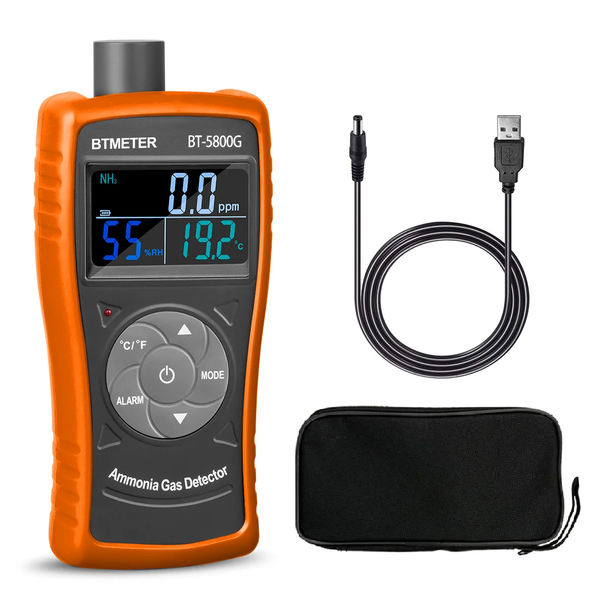 BTMETER Ammonia Gas Detector Sensor, Test for 0~100 PPM Nh3 Monitor Gauge with Temperature Humidity Tester (Orange) BT-5800G