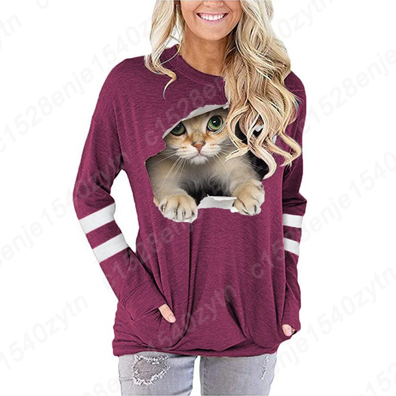 Fashion Clothes Women Casual Long Sleeve Pullover Cat Print Plus Size Sweatshirts Ladies Pocket Tee Shirts O-neck Loose T-shirts