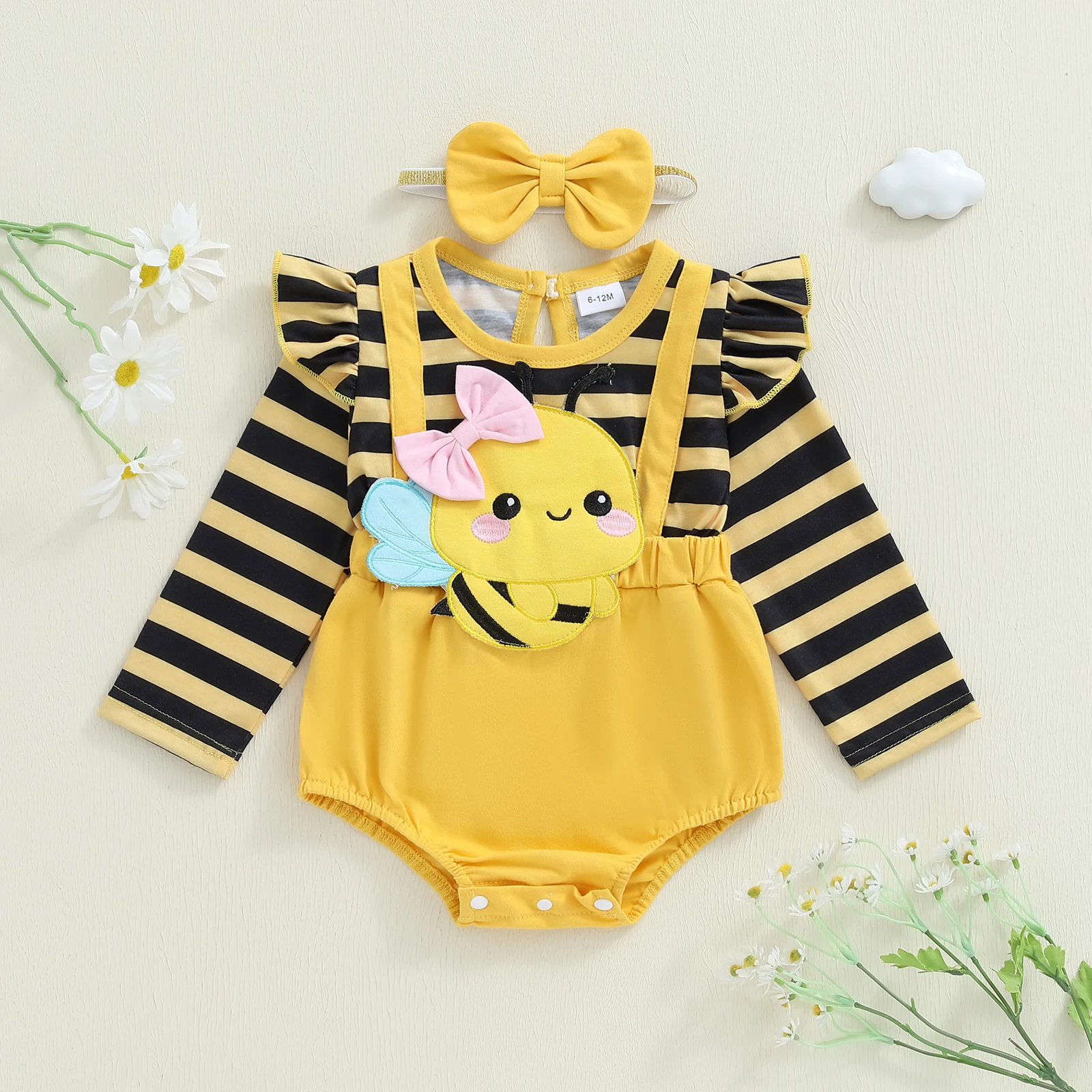 طقم ملابس خريفي للفتيات الرضع من عمر 0 إلى 18 شهرًا بأكمام طويلة مطرز بالنحلة مع عصابة رأس على شكل فيونكة