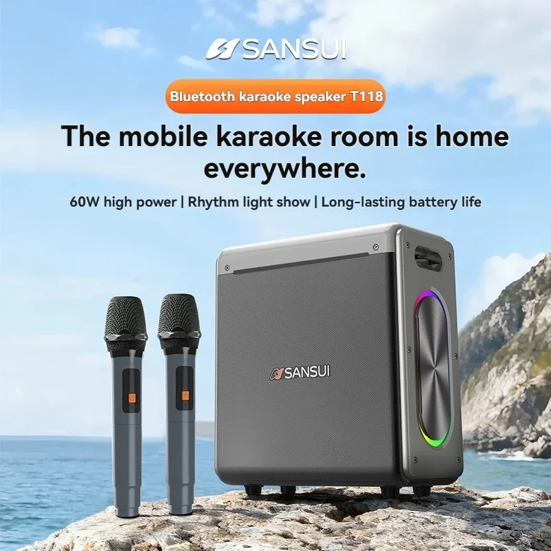 Мощный караоке-артефакт SANSUI T118 мощностью 60 Вт с сабвуфером с двойным микрофоном для длительной выносливости и беспокойства пения