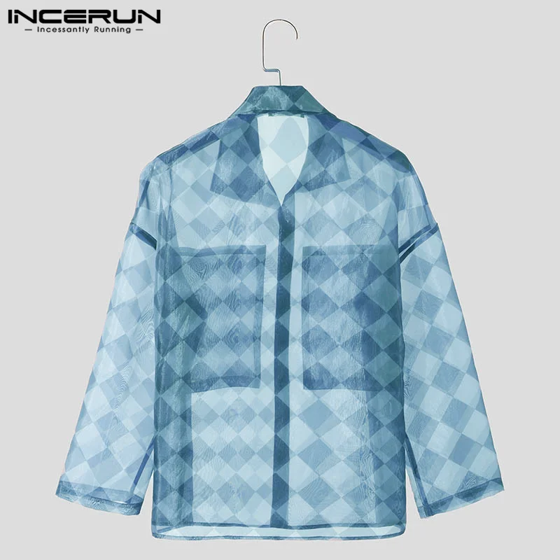 INCERUN Men Shirt Printing Mesh Transparent Lapel Long Sleeve Loose Men Clothing Streetwear 2024 Pockets Fashion Casual Shirts