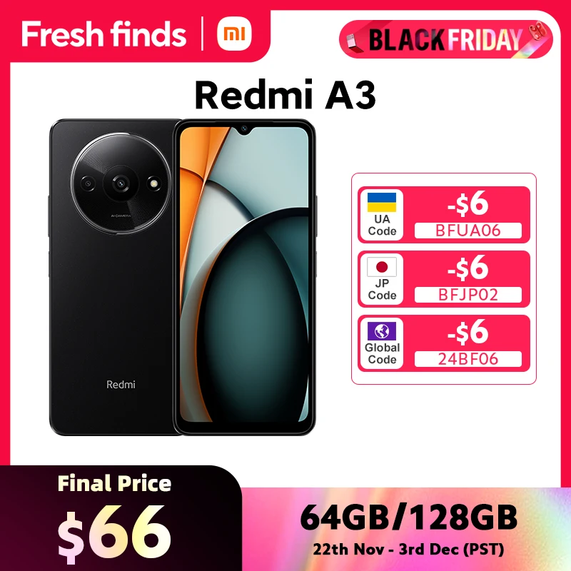 هاتف ذكي Xiaomi-Redmi A3 الإصدار العالمي ، 64 جيجابايت ، GB ROM ، شاشة إسقاط نقطة ، MediaTek Helio G36 ، بطارية mAh ، كاميرا 8 ميجابكسل