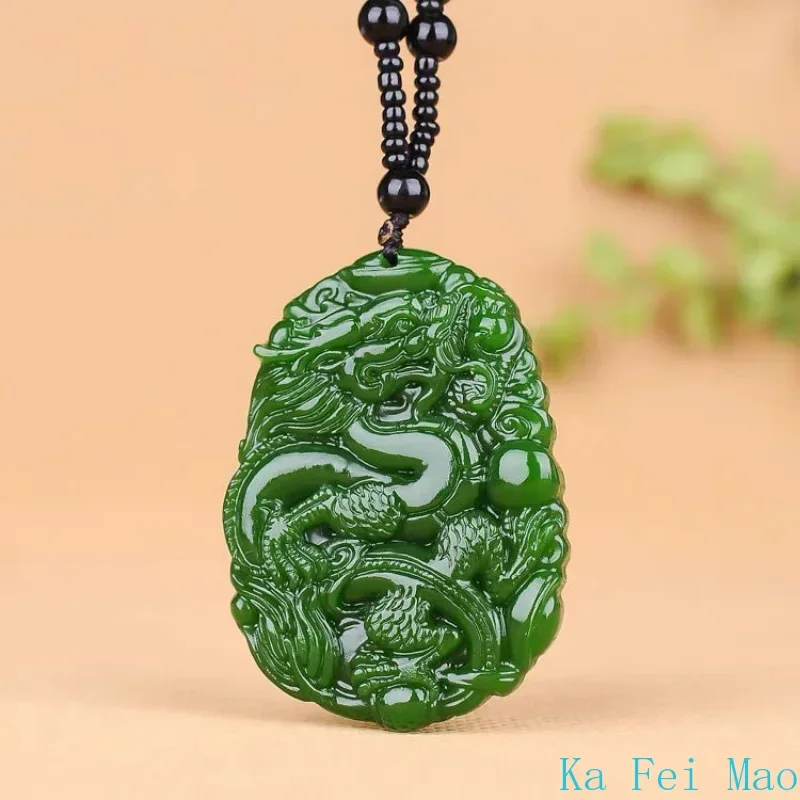 Natural Green Hetian Jade Stone Dragon pixiu Pendant Necklace Carved Chinese Jadeite Jewelry Charm Reiki Amulet Gifts Women Men