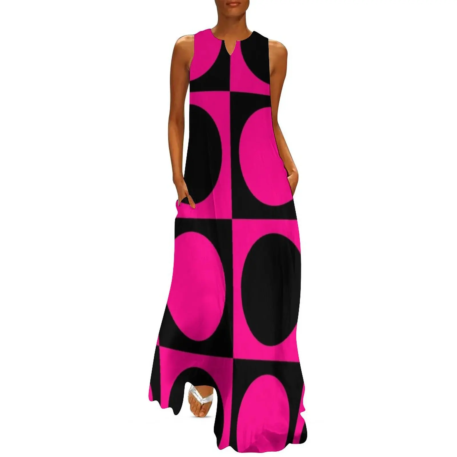 

60s Pink Circle Mod Mondrian Long Dress summer woman dress 2024 dresses for woman 2024 Summer skirt dresses with long sleeves