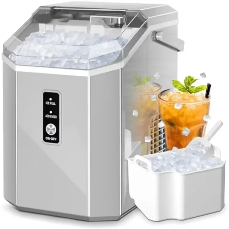 AGLUCKY Encimera para hacer hielo Nugget, máquina portátil para hacer hielo de guijarro con mango, 35 libras, operación con un solo clic, máquina para hacer hielo de pellets