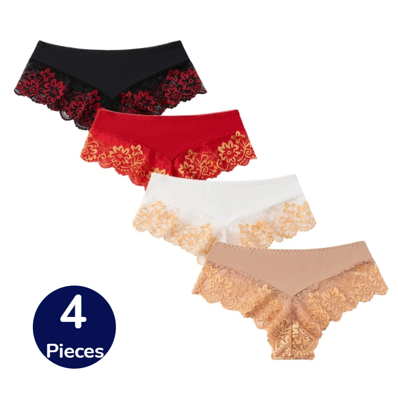 WarmSteps 4-teiliges Damen-Höschen-Set aus Satin und Seide, Damen-Boxershorts mit Spitze, ausgehöhlte Unterwäsche, atmungsaktiv, sexy Dessous, gemütliche Sport-Boyshorts