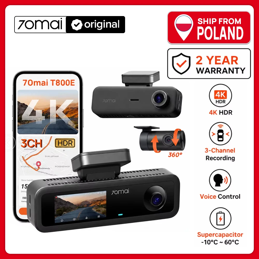 Caméra embarquée 70mai Dash Cam 4K T800E 3 canaux (avant, arrière, intérieur) 3-en-1 avec commande vocale, surveillance de stationnement 24h/24,