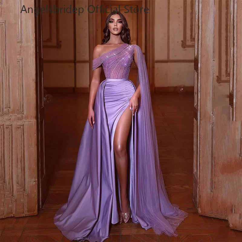 

Angelsbridep Dubai Glitter One Shoulder Evening Celebrity Dresses Ruched Side Slit Straps Ribbons Party Gowns Saudi Arabia Dress