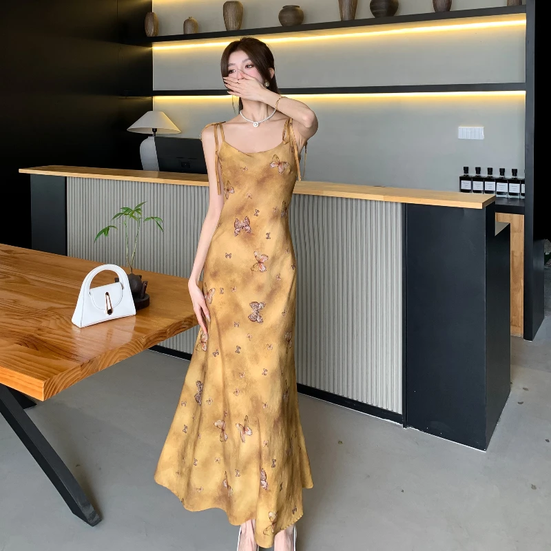 

Women's Summer Dress 2024 Office Lady Korea Style Sleeveless Print Spaghetti Strap Belt High Waist Square Collar Dresses