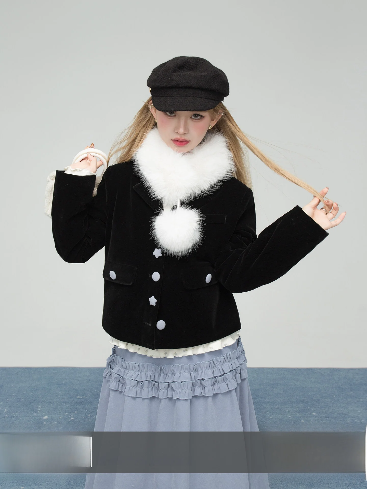 

Oneofuuu Korean Sle Velvet Jaet Detachable Fur Collar Color Blo Button Ladies ort Coat Hebe Miss Rich Girl