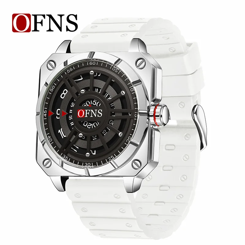OFNS 8026 Reloj de cuarzo para hombre con esfera grande, creativo, único y fresco, reloj de pulsera con correa de silicona resistente al agua para negocios