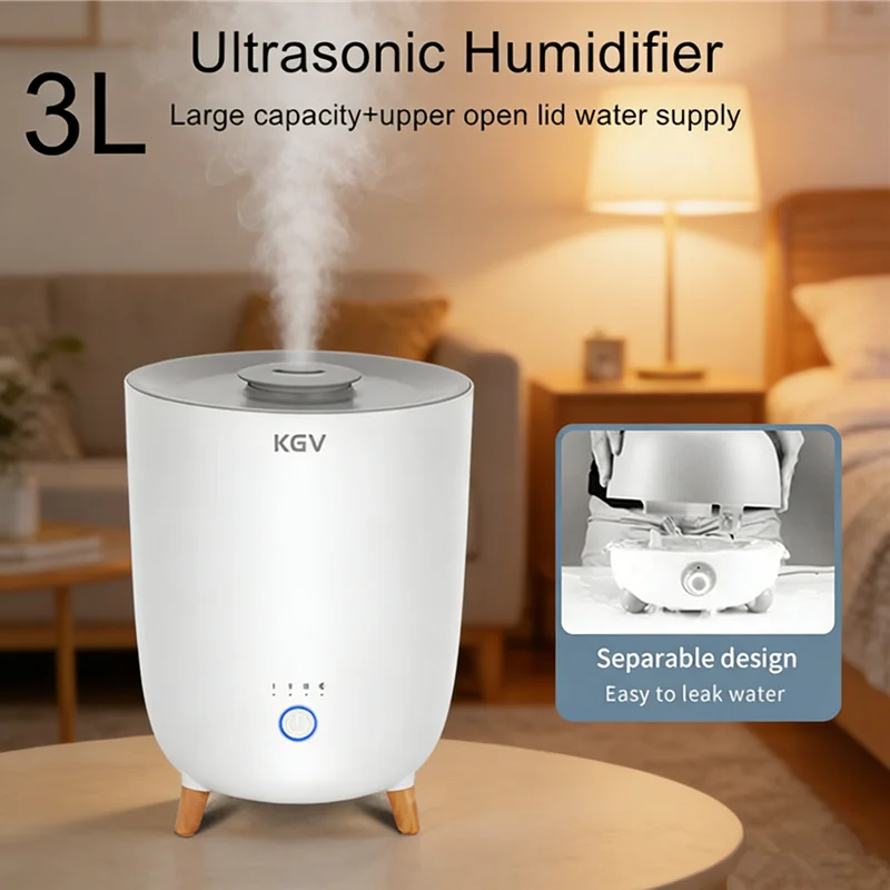 Ultrasonic Humidifier Easy to Clean with Open Lid Water Supply Four Level Adjustment Water Shortage Protection 3L Large Capacity