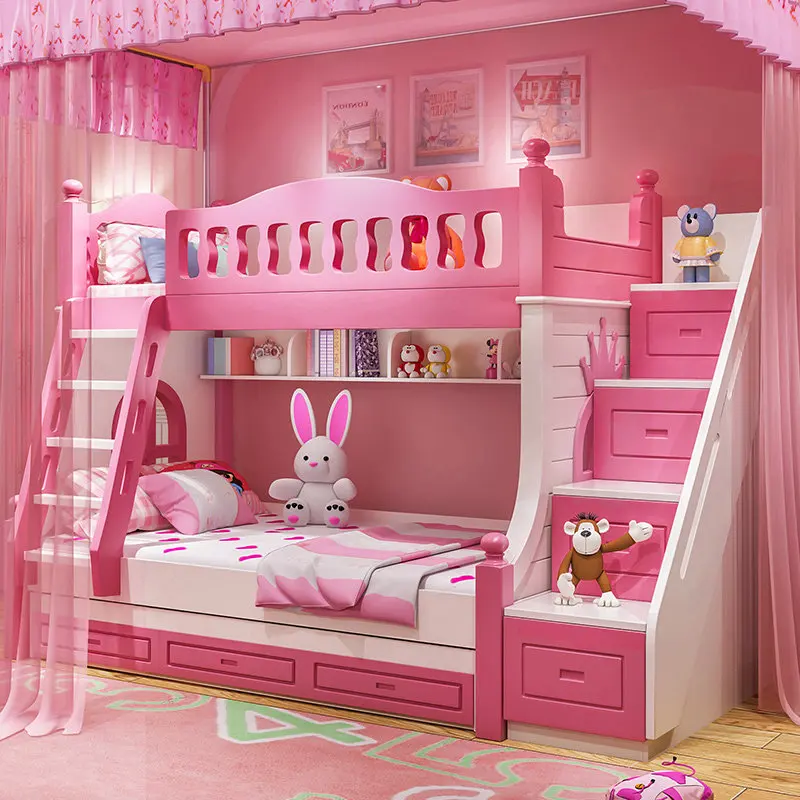 Children's Bunk Bed, Girls' Princess Bed, pink High and Low Bunk Bed, Mother Bed with Slide, Multifunctional Bed