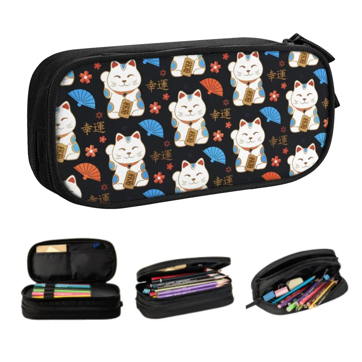 

Maneki Neko Cats Pattern Custom Kawaii Pencil Case Girl Boy Large Capacity Japan Lucky Cat Pencil Box Students Stationery