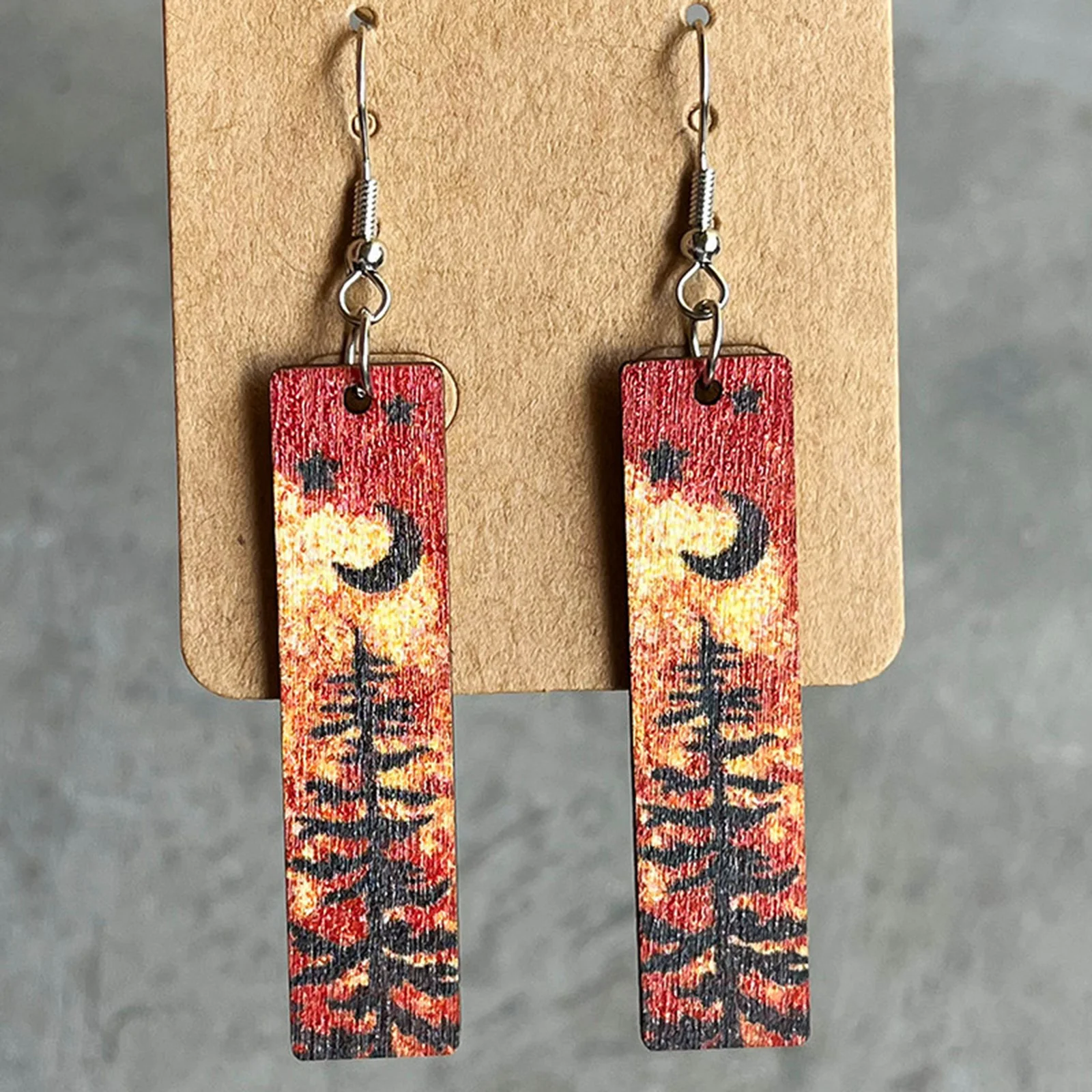 Wood Pastoral Style Earrings Rectangle Forest Minimalist Wood Night Stars Moon Natural Texture Colorful Print Strip Earrings