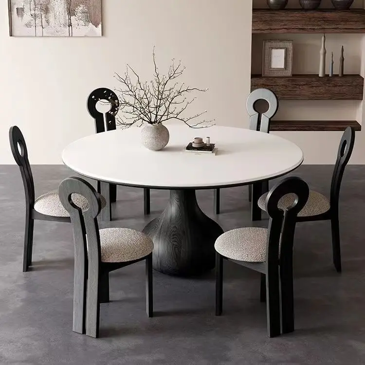 

High-quality luxury dining table set sintered stone round dining table with solid wood legs for dining room furniture