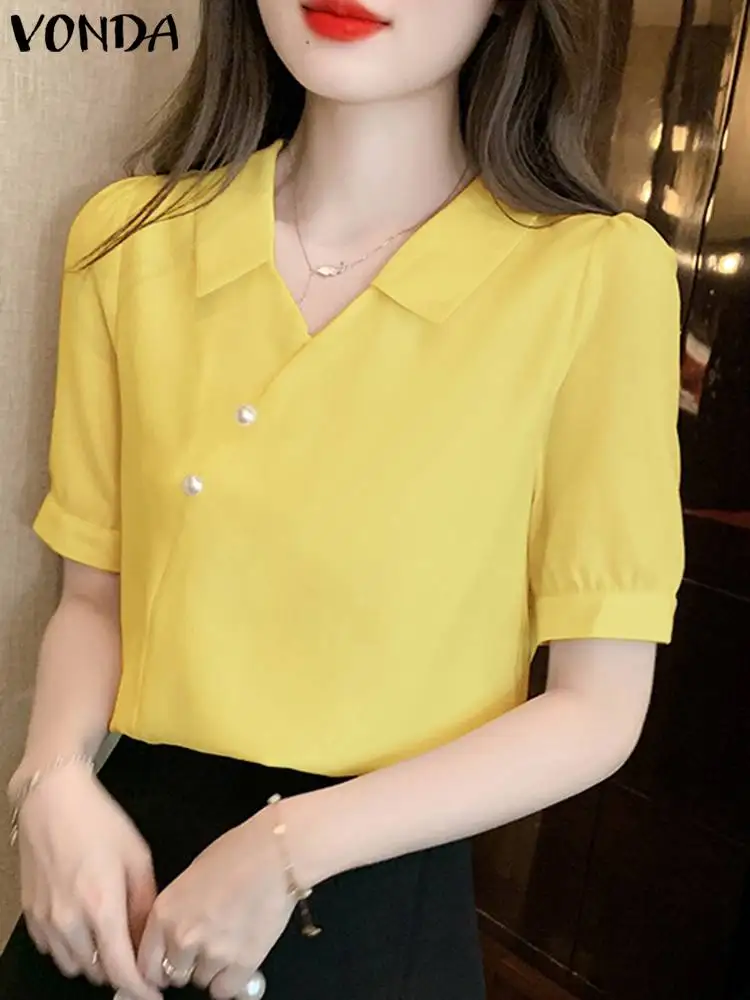 Women Summer Blouses Elegant Solid Color Shirts VONDA 2024 Short Puff Sleeve Lapel Casual Tunic Tops Fashion Blusas Femininas