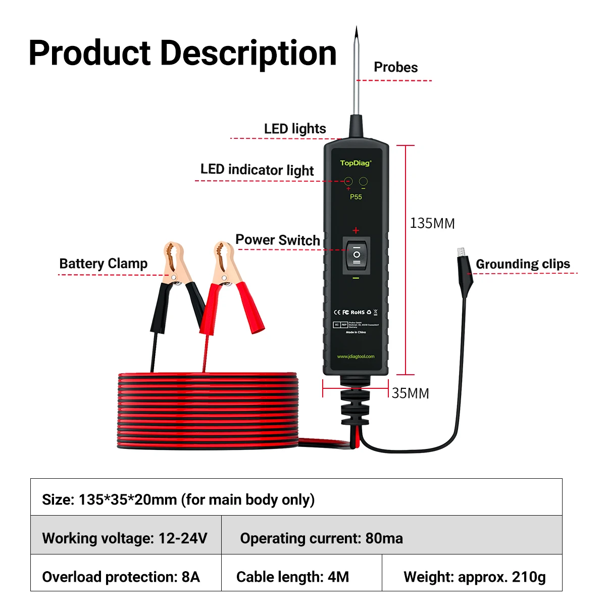 TOPDiag P55 Power Circuit Probe Tester 12V-24V DC Test Light Short Circuit Locator Component Activator with Overload Protection