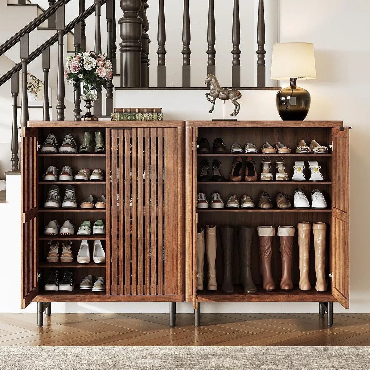 Nordic black walnut grille shoe cabinet Japanese style light luxury foyer entrance cabinet modern simple and breathable home doo