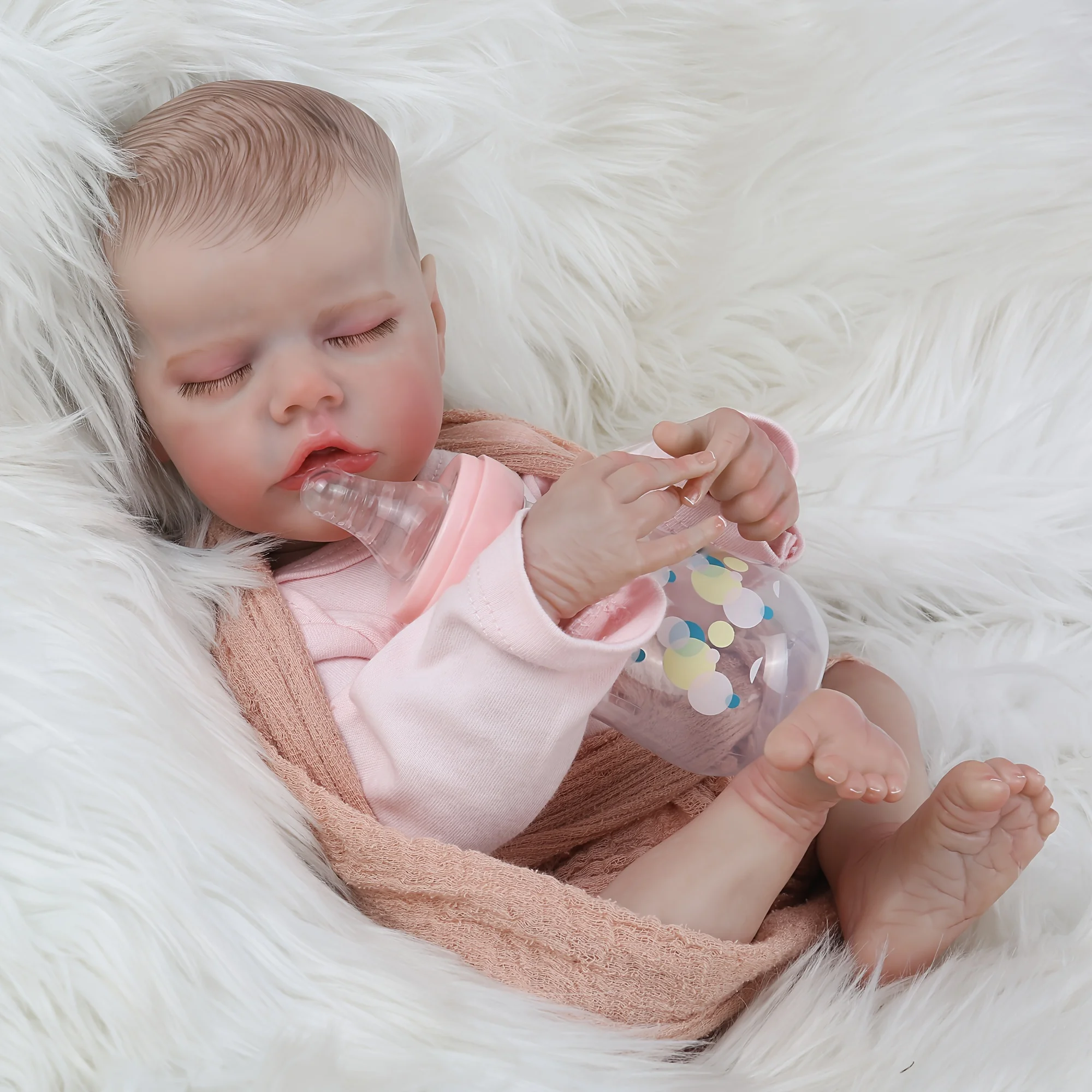 18-Inch Reborn Doll, Vinyl Material, Hand-Painted Hair, Cute Sleeping Pose with Closed Eyes, Color Box Packaging