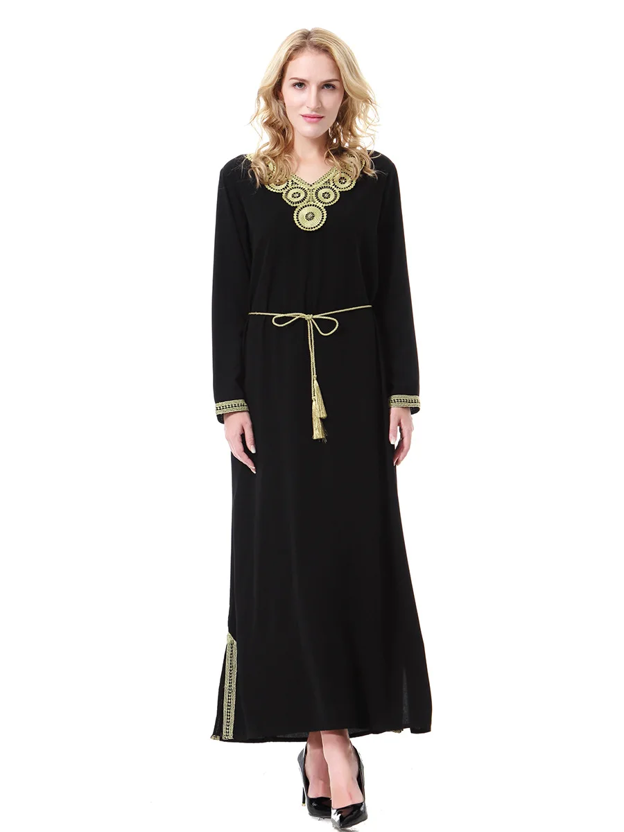 Robes de luxe brodées pour femmes musulmanes du moyen-orient, nouvelle mode décontractée, tendance, manches longues, col en v, vêtements féminins, 2025