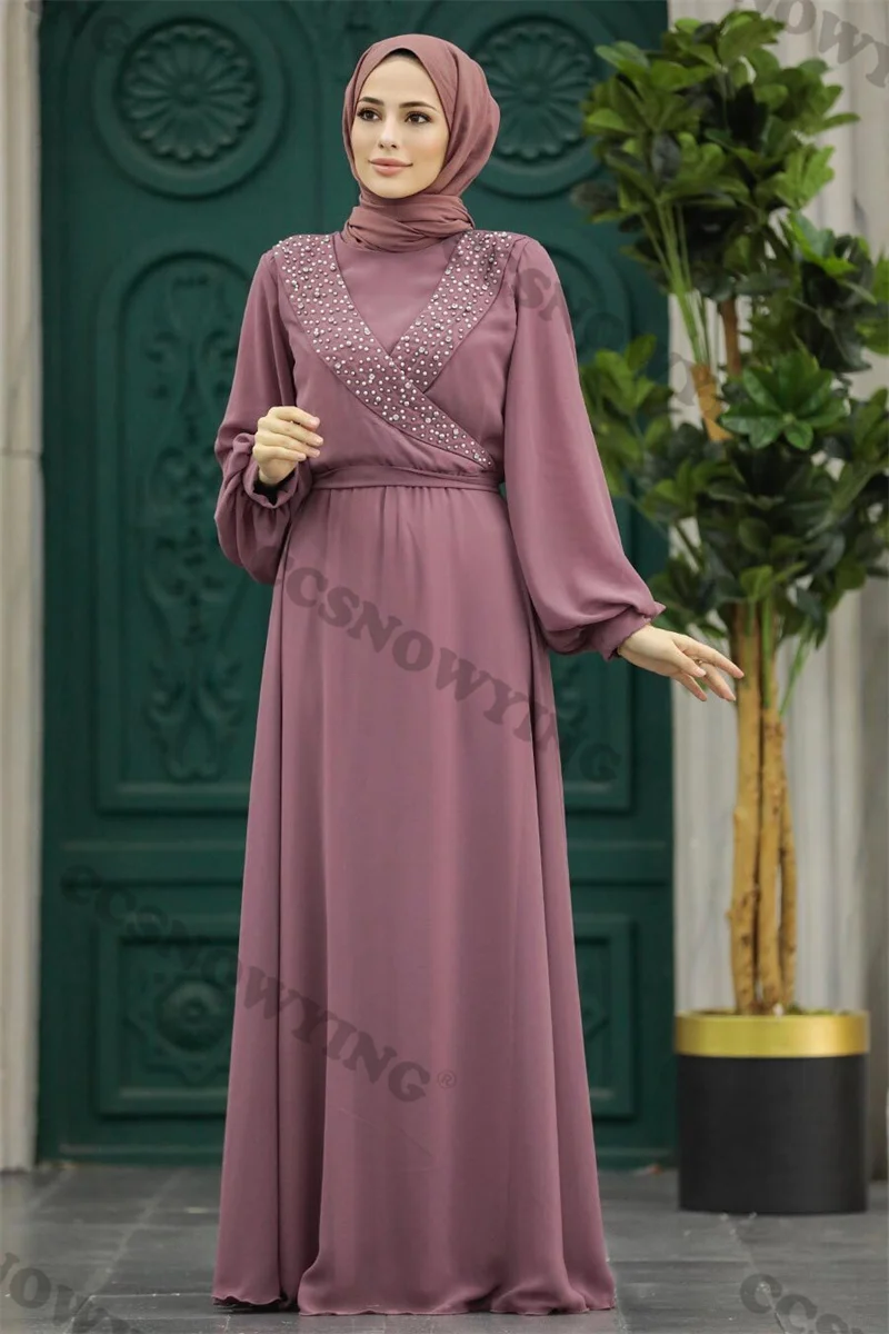 Vestido De noche musulmán De manga larga, chifón islámico con cuentas, cuello alto, Hijab, vestido De fiesta Formal árabe, Dubái, Wome