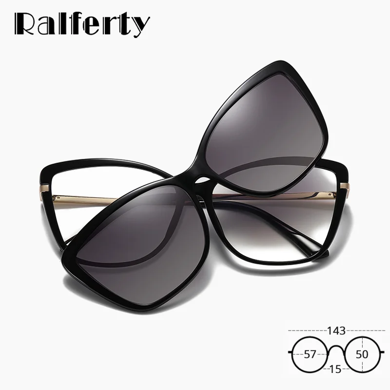 Ralferty 2 In 1 Polarized Magnet Sunglasses Vintage Cat Eye Transparent Glasses Woman 2025 Magnet Clip On Glasses Optical Frames
