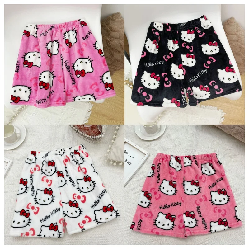 New Sanrio KT Cat Flannel Shorts Cute Hello Kitty Y2K Girls Home Plush Shorts Fashionable and Warm Spring and Autumn Shorts